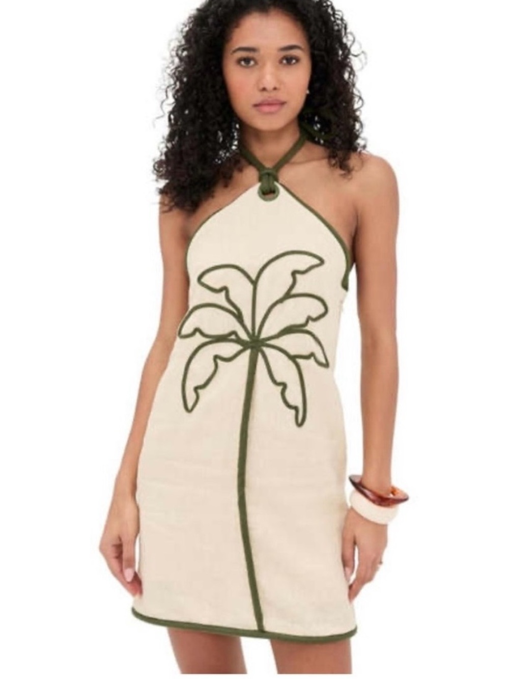 FARM Rio Cream Halter Mini Dress with Olive Green Palm Appliqué